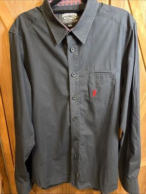 GONGSHOW Mens Black Plaid Trim Long Sleeve Hockey LogoButton Down Shirt SIZE MED